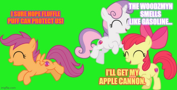 Cutie Mark Crusaders | I SURE HOPE FLUFFLE PUFF CAN PROTECT US! I'LL GET MY APPLE CANNON. THE WOODZMYN SMELLS LIKE GASOLINE... | image tagged in cutie mark crusaders | made w/ Imgflip meme maker