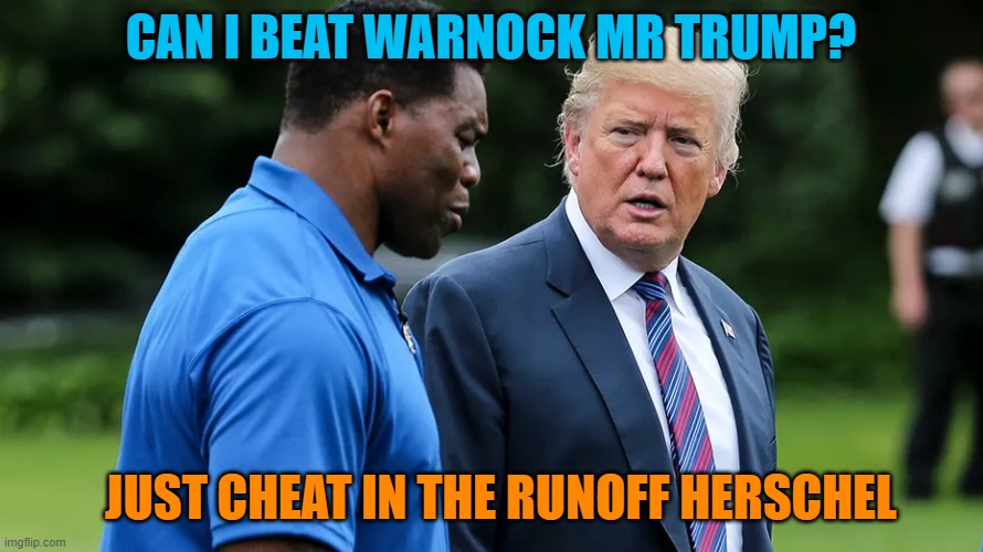 Herschel Walker Trump | CAN I BEAT WARNOCK MR TRUMP? JUST CHEAT IN THE RUNOFF HERSCHEL | image tagged in herschel walker trump | made w/ Imgflip meme maker