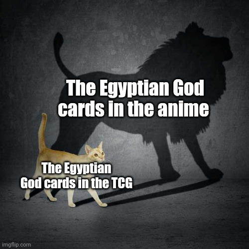 I waited all my childhood, and they suck | The Egyptian God cards in the anime; The Egyptian God cards in the TCG | image tagged in cat with lion shadow,yugioh | made w/ Imgflip meme maker