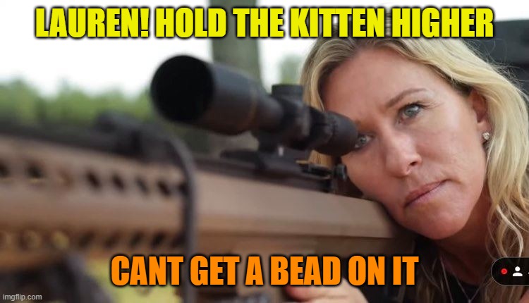 Marjorie Taylor Greene | LAUREN! HOLD THE KITTEN HIGHER CANT GET A BEAD ON IT | image tagged in marjorie taylor greene | made w/ Imgflip meme maker