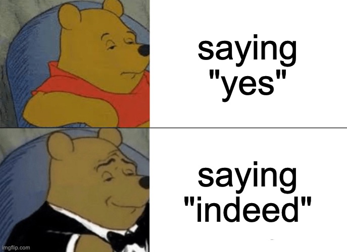 Tuxedo Winnie The Pooh Meme | saying "yes"; saying "indeed" | image tagged in memes,tuxedo winnie the pooh | made w/ Imgflip meme maker