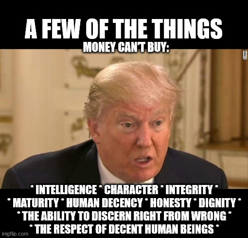 Some things are not for sale... | A FEW OF THE THINGS; MONEY CAN'T BUY:; * INTELLIGENCE * CHARACTER * INTEGRITY *
* MATURITY * HUMAN DECENCY * HONESTY * DIGNITY *
* THE ABILITY TO DISCERN RIGHT FROM WRONG *
* THE RESPECT OF DECENT HUMAN BEINGS * | image tagged in trump stupid face | made w/ Imgflip meme maker