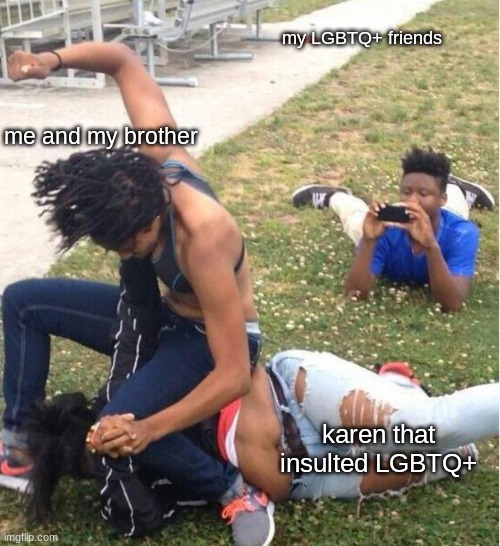 we do this | my LGBTQ+ friends; me and my brother; karen that insulted LGBTQ+ | image tagged in guy recording a fight | made w/ Imgflip meme maker