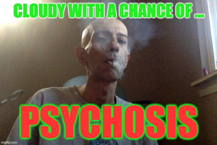 weed wackjob | CLOUDY WITH A CHANCE OF ... PSYCHOSIS | image tagged in weed,smoke weed everyday,smoke weed,psychology,5150,medical marijuana | made w/ Imgflip meme maker