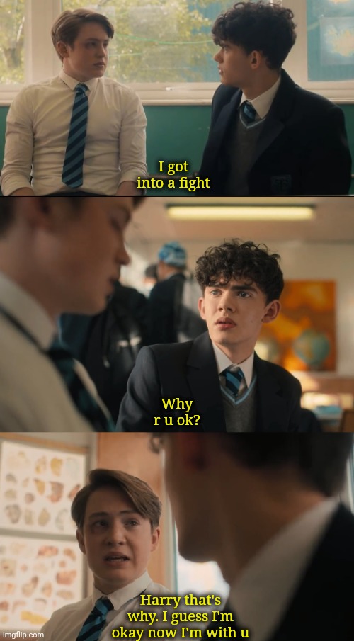 Heartstopper | I got into a fight; Why r u ok? Harry that's why. I guess I'm okay now I'm with u | image tagged in nick charlie heartstopper | made w/ Imgflip meme maker