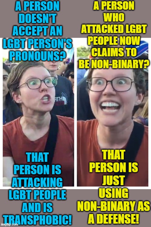 CNN will not accept a person who says they identify as non-binary. If just saying you identify isn't enough, what is? | A PERSON DOESN'T ACCEPT AN LGBT PERSON'S PRONOUNS? A PERSON WHO ATTACKED LGBT PEOPLE NOW CLAIMS TO BE NON-BINARY? THAT PERSON IS JUST USING NON-BINARY AS A DEFENSE! THAT PERSON IS ATTACKING LGBT PEOPLE AND IS TRANSPHOBIC! | image tagged in social justice warrior hypocrisy,political meme,colorado,lgbt,cnn | made w/ Imgflip meme maker