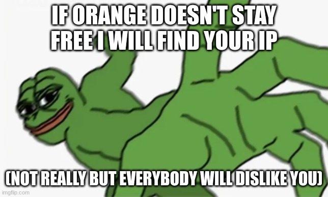 pepe punch | IF ORANGE DOESN'T STAY FREE I WILL FIND YOUR IP (NOT REALLY BUT EVERYBODY WILL DISLIKE YOU) | image tagged in pepe punch | made w/ Imgflip meme maker