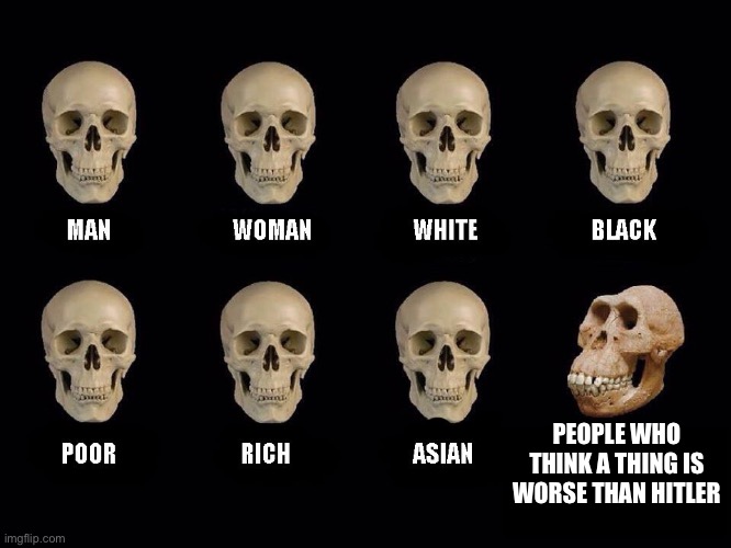 empty skulls of truth | PEOPLE WHO THINK A THING IS WORSE THAN HITLER | image tagged in empty skulls of truth,memes,funny,hitler,worse than hitler,idiot skull | made w/ Imgflip meme maker