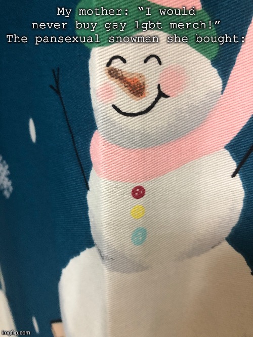 Your purchases says otherwise… | My mother: “I would never buy gay lgbt merch!”
The pansexual snowman she bought: | image tagged in snowman | made w/ Imgflip meme maker