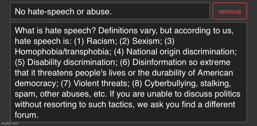 PoliticsTOO Hate speech or abuse policy | image tagged in politicstoo hate speech or abuse policy | made w/ Imgflip meme maker