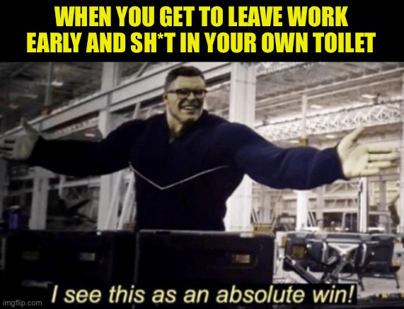 One shotgun blast and good to go | WHEN YOU GET TO LEAVE WORK EARLY AND SH*T IN YOUR OWN TOILET | image tagged in i see this as an absolute win | made w/ Imgflip meme maker