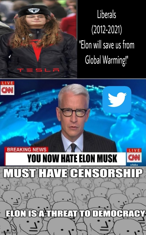 Elon | image tagged in liberal logic,tesla,elon musk,politics,twitter | made w/ Imgflip meme maker