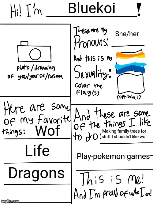 Lgbtq stream account profile | Bluekoi; She/her; Wof; Making family trees for stuff I shouldn't like wof; Life; Play pokemon games; Dragons | image tagged in lgbtq stream account profile | made w/ Imgflip meme maker