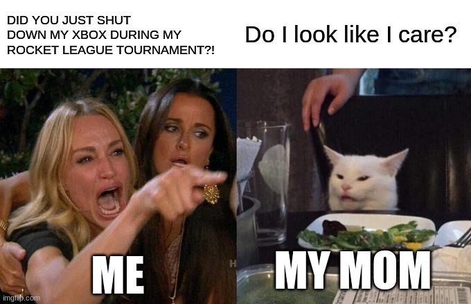 I have had this happen at times | DID YOU JUST SHUT DOWN MY XBOX DURING MY ROCKET LEAGUE TOURNAMENT?! Do I look like I care? MY MOM; ME | image tagged in memes,woman yelling at cat | made w/ Imgflip meme maker