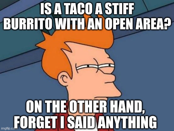 Burrito | IS A TACO A STIFF BURRITO WITH AN OPEN AREA? ON THE OTHER HAND, FORGET I SAID ANYTHING | image tagged in memes,futurama fry,burrito,taco | made w/ Imgflip meme maker