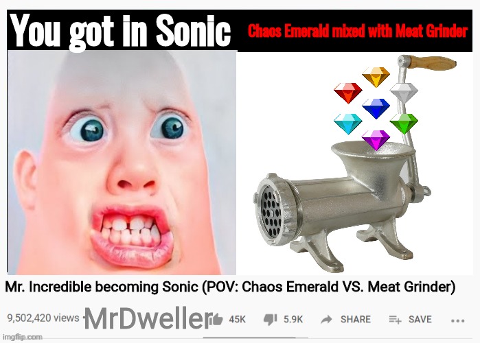 I trolled MrDweller | Chaos Emerald mixed with Meat Grinder; You got in Sonic; Mr. Incredible becoming Sonic (POV: Chaos Emerald VS. Meat Grinder); MrDweller | image tagged in youtube video template,trolling | made w/ Imgflip meme maker