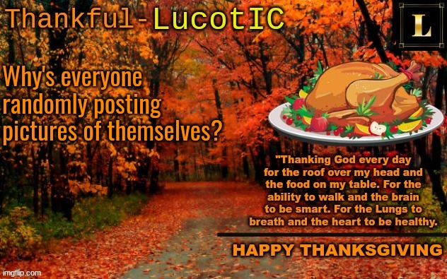 LucotIC THANKSGIVING announcement temp (11#) | Why's everyone randomly posting pictures of themselves? | image tagged in lucotic thanksgiving announcement temp 11 | made w/ Imgflip meme maker