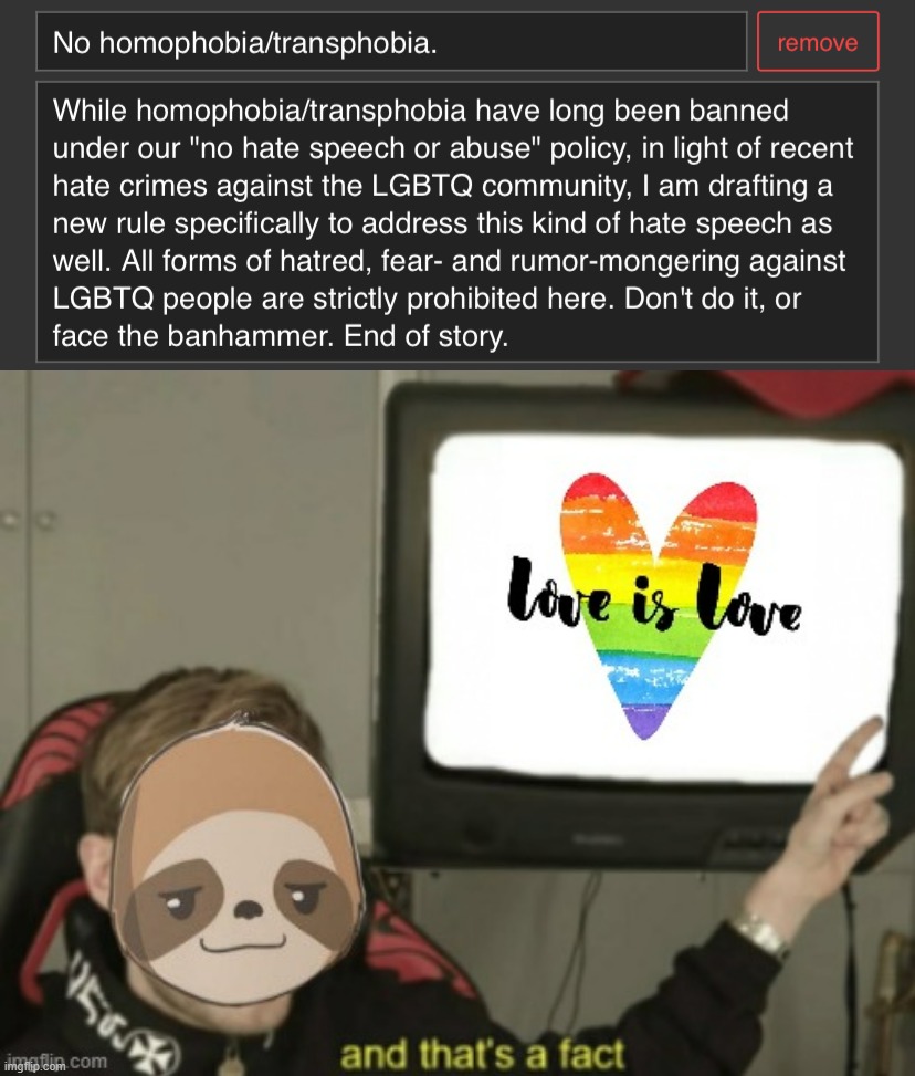 In light of recent hate crimes, we have adopted the strictest of policies against LGBTQphobia on PoliticsTOO. Love y'all | image tagged in politicstoo no homophobia/transphobia rule,sloth love is love and that's a fact,politicstoo,lgbtq,hate crimes,mods | made w/ Imgflip meme maker