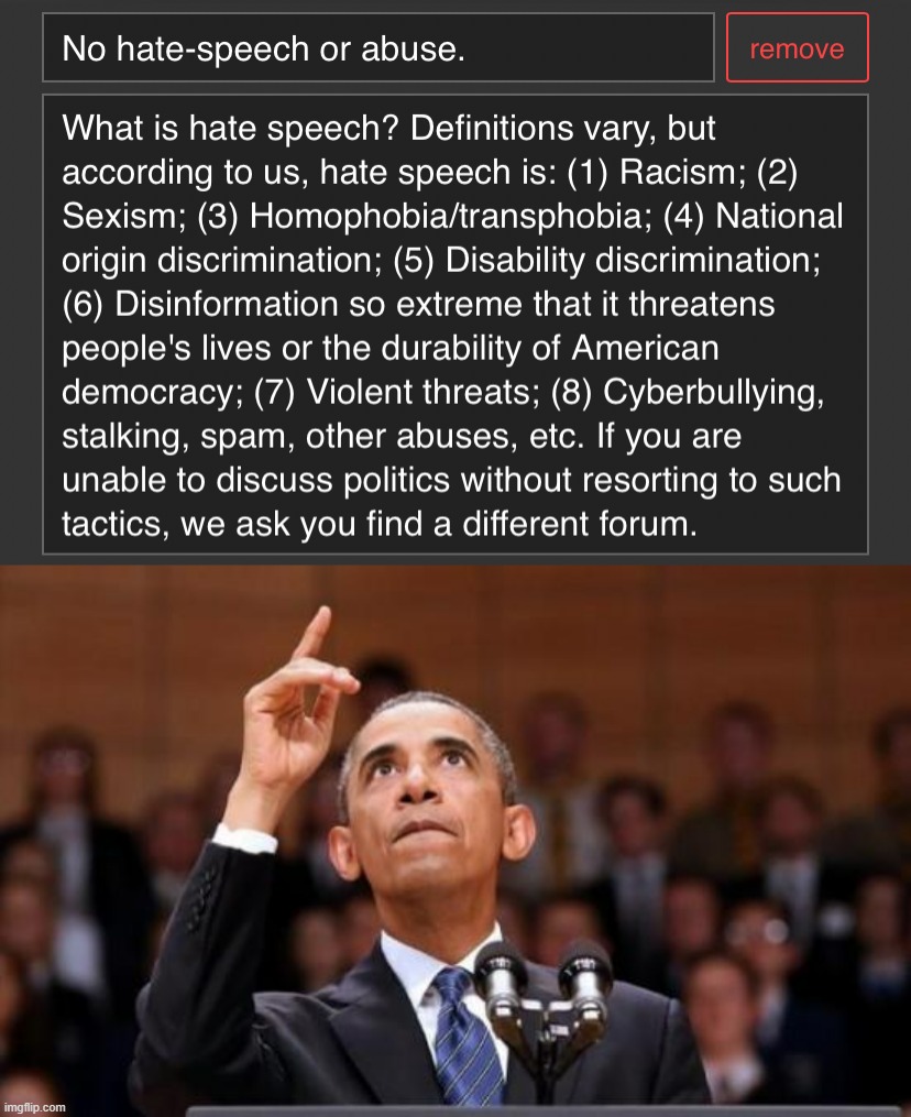 image tagged in politicstoo hate speech definition,obama pointing up | made w/ Imgflip meme maker
