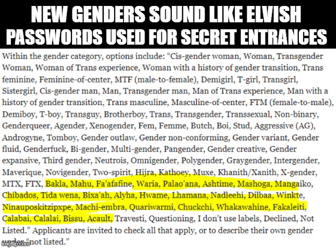 MELO'N - new genders | NEW GENDERS SOUND LIKE ELVISH; PASSWORDS USED FOR SECRET ENTRANCES | image tagged in black bar,transgender,lord of the rings | made w/ Imgflip meme maker