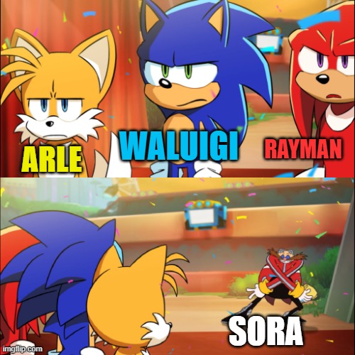 Team Sonic Eggman dance | WALUIGI; RAYMAN; ARLE; SORA | image tagged in team sonic eggman dance,waluigi,meme,rayman,puyo puyo | made w/ Imgflip meme maker