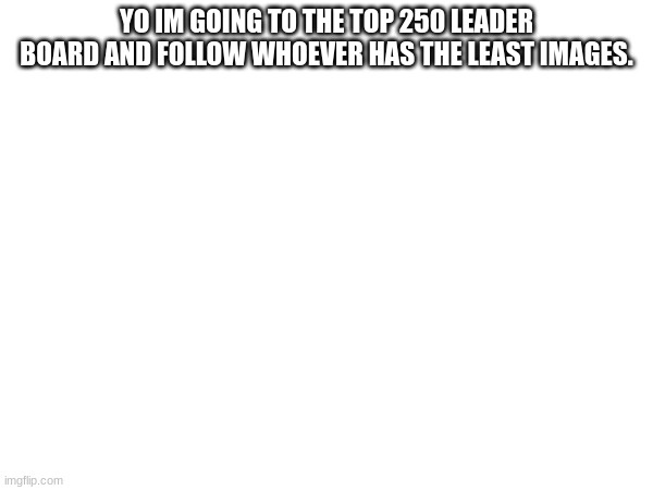 YO IM GOING TO THE TOP 250 LEADER BOARD AND FOLLOW WHOEVER HAS THE LEAST IMAGES. | image tagged in memes | made w/ Imgflip meme maker