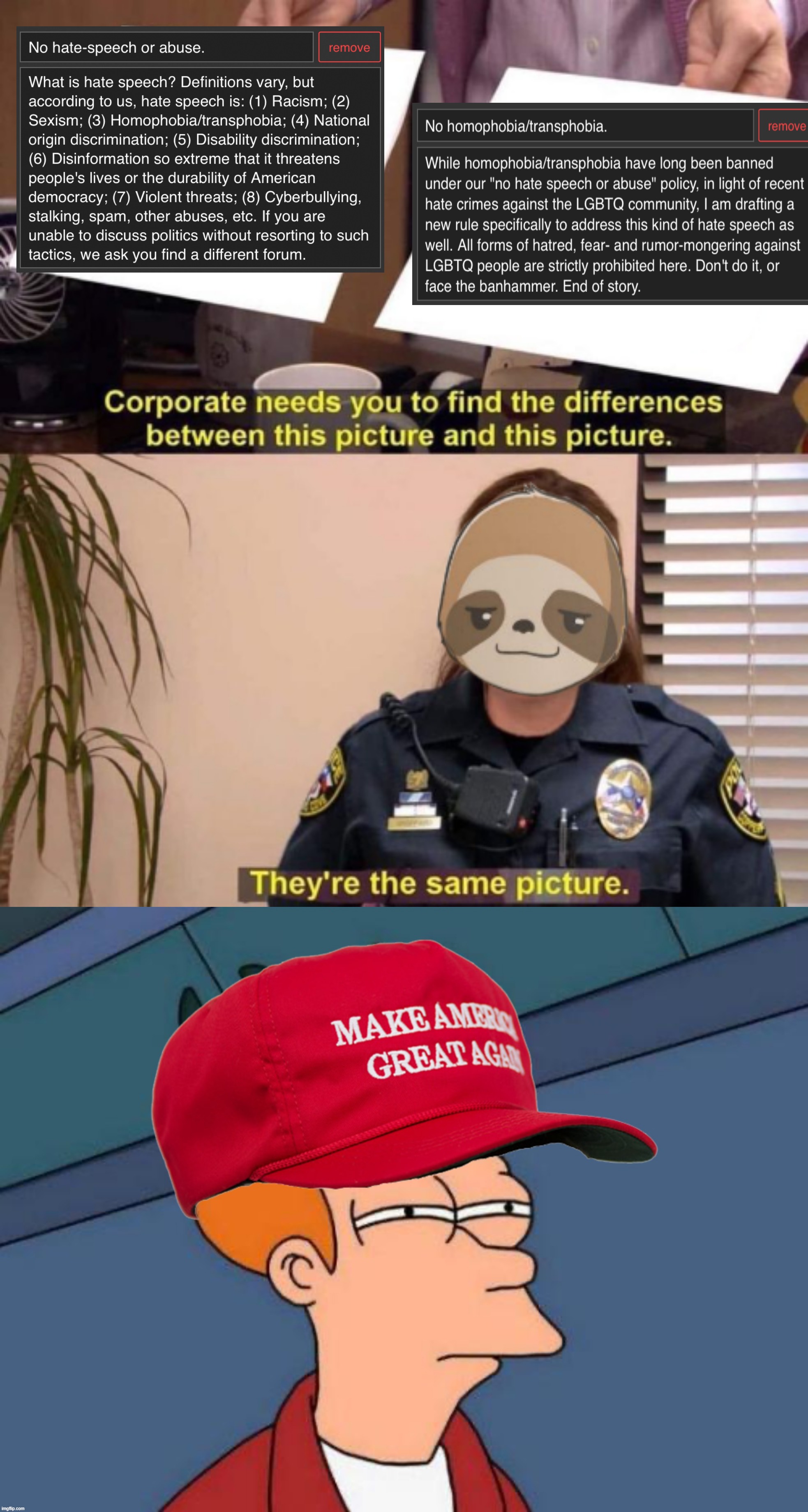 Redundant rules. Why not? Belt-and-suspenders! | image tagged in cop sloth they're the same picture,maga futurama fry,new rules,hate speech,homophobia,transphobia | made w/ Imgflip meme maker
