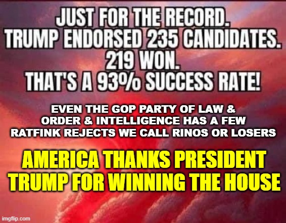 EVEN THE GOP PARTY OF LAW & ORDER & INTELLIGENCE HAS A FEW RATFINK REJECTS WE CALL RINOS OR LOSERS; AMERICA THANKS PRESIDENT TRUMP FOR WINNING THE HOUSE | made w/ Imgflip meme maker