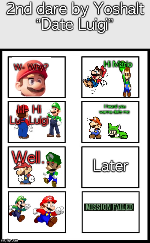 8 Panel Blank Comic | 2nd dare by Yoshalt
“Date Luigi”; Hi Mario; W- Why? I heard you wanna date me; H- Hi Lu- Luigi; Well…; Later | image tagged in 8 panel blank comic | made w/ Imgflip meme maker