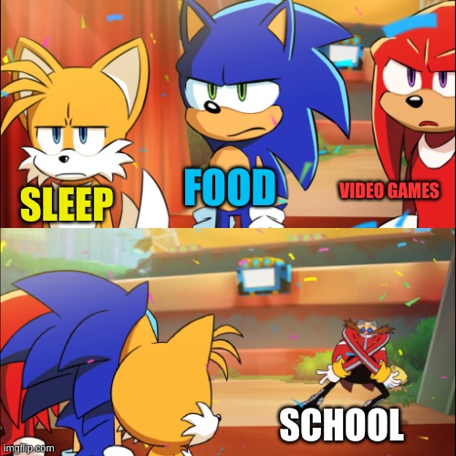 Team Sonic Eggman dance | FOOD; VIDEO GAMES; SLEEP; SCHOOL | image tagged in team sonic eggman dance | made w/ Imgflip meme maker