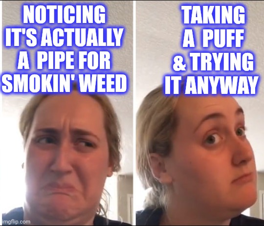 Kombucha Girl | NOTICING IT'S ACTUALLY A  PIPE FOR
SMOKIN' WEED TAKING A  PUFF & TRYING IT ANYWAY | image tagged in kombucha girl | made w/ Imgflip meme maker