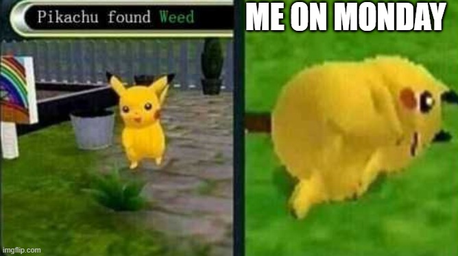 me on monday jk | ME ON MONDAY | image tagged in pikachu found weed | made w/ Imgflip meme maker