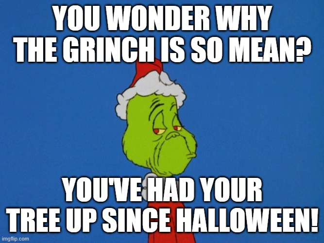 Grinch hates rushing Christmas |  YOU WONDER WHY THE GRINCH IS SO MEAN? YOU'VE HAD YOUR TREE UP SINCE HALLOWEEN! | image tagged in grinch,christmas,putting tree up early,funny | made w/ Imgflip meme maker
