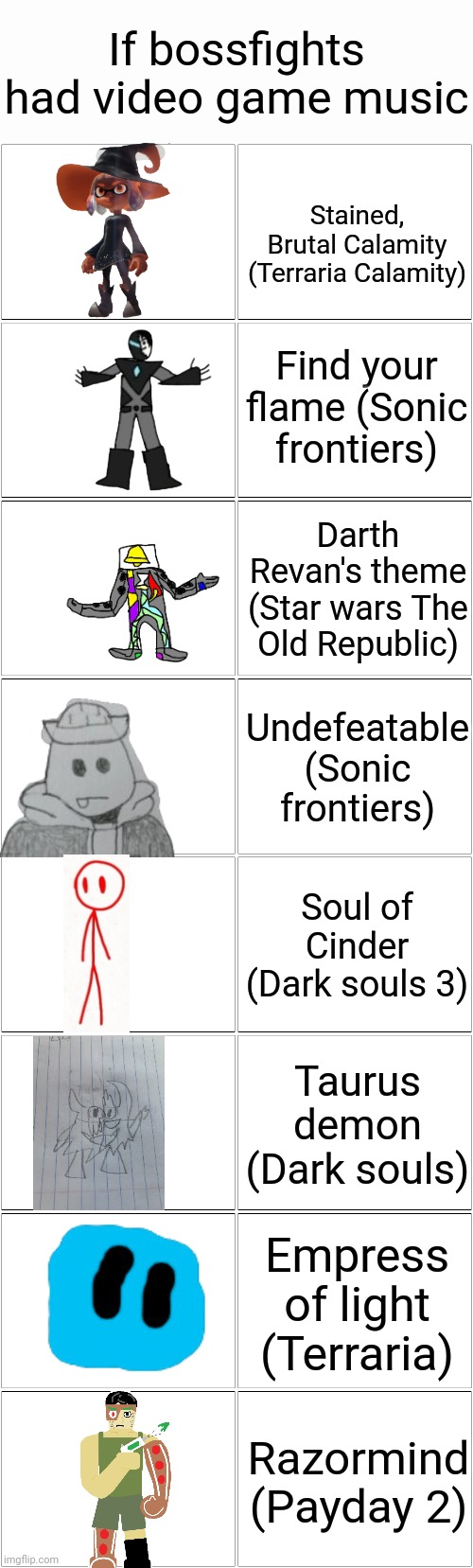 I think I did well with my song selection (This is my opinion and tell me if you want a part 2) | If bossfights had video game music; Stained, Brutal Calamity (Terraria Calamity); Find your flame (Sonic frontiers); Darth Revan's theme (Star wars The Old Republic); Undefeatable (Sonic frontiers); Soul of Cinder (Dark souls 3); Taurus demon (Dark souls); Empress of light (Terraria); Razormind (Payday 2) | image tagged in blank comic panel 2x8 | made w/ Imgflip meme maker