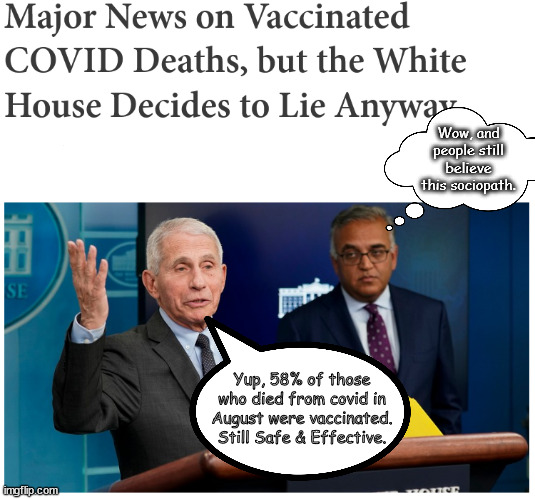 58% image that 58% | Wow, and people still believe this sociopath. Yup, 58% of those who died from covid in August were vaccinated. Still Safe & Effective. | image tagged in memes,politics | made w/ Imgflip meme maker