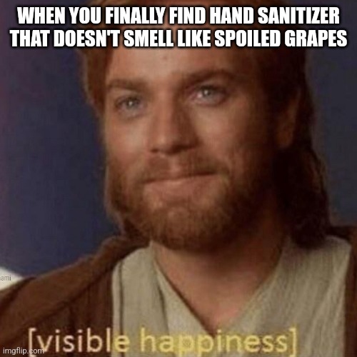 A sure sign that we're out of quarantine | WHEN YOU FINALLY FIND HAND SANITIZER THAT DOESN'T SMELL LIKE SPOILED GRAPES | image tagged in visible happiness,hand sanitizer | made w/ Imgflip meme maker