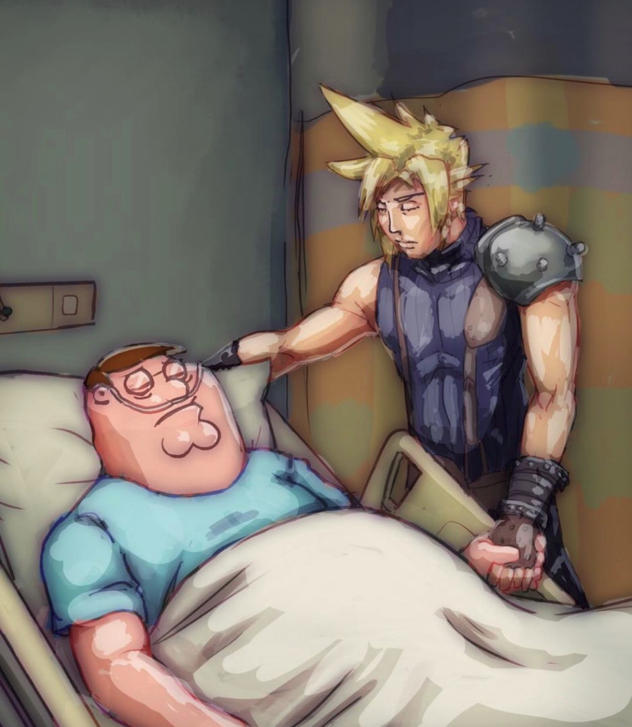 Cloud Strife comforts Peter Griffin Hospital Blank Meme Template