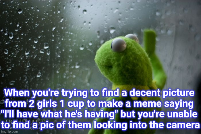 kermit window | When you're trying to find a decent picture 
from 2 girls 1 cup to make a meme saying 
"I'll have what he's having" but you're unable 
to fi | image tagged in kermit window | made w/ Imgflip meme maker