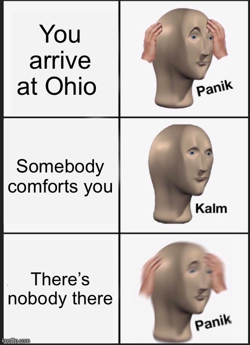 Memes #25 | You arrive at Ohio; Somebody comforts you; There’s nobody there | image tagged in memes,panik kalm panik,repost,funny,relatable,ohio | made w/ Imgflip meme maker