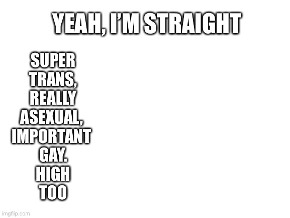 Blank White Template | YEAH, I’M STRAIGHT; SUPER
TRANS,
REALLY
ASEXUAL, 
IMPORTANT 
GAY.
HIGH
TOO | image tagged in blank white template | made w/ Imgflip meme maker