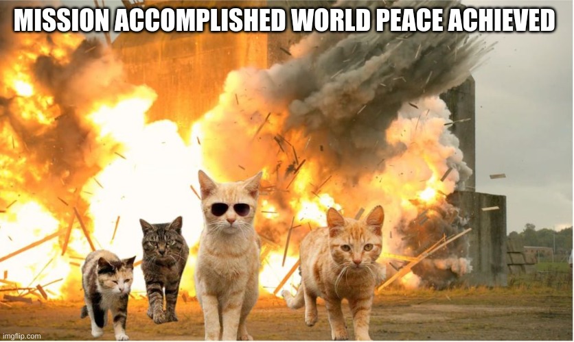 Cats walking away from explosion | MISSION ACCOMPLISHED WORLD PEACE ACHIEVED | image tagged in cats walking away from explosion | made w/ Imgflip meme maker