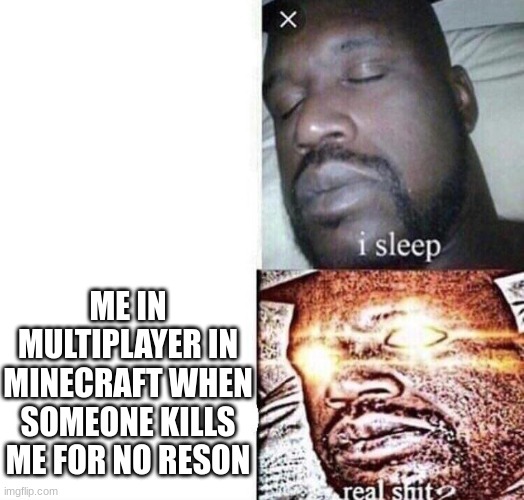 i sleep real shit | ME IN MULTIPLAYER IN MINECRAFT WHEN SOMEONE KILLS ME FOR NO REASON | image tagged in i sleep real shit,that moment when you die in minecraft | made w/ Imgflip meme maker