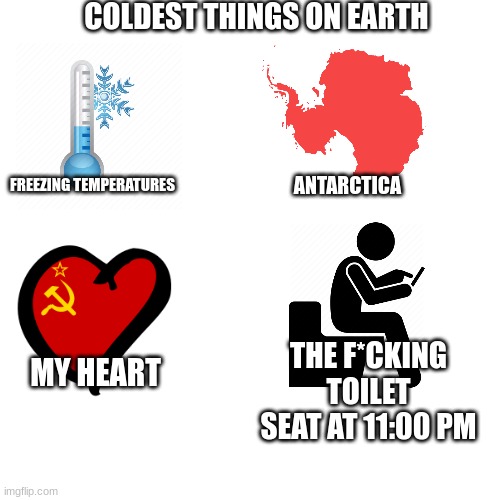 my ass is freezing | COLDEST THINGS ON EARTH; FREEZING TEMPERATURES; ANTARCTICA; THE F*CKING TOILET SEAT AT 11:00 PM; MY HEART | image tagged in kill me | made w/ Imgflip meme maker