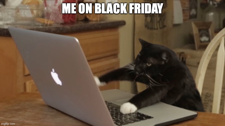 Furiously Typing Cat | ME ON BLACK FRIDAY | image tagged in furiously typing cat | made w/ Imgflip meme maker