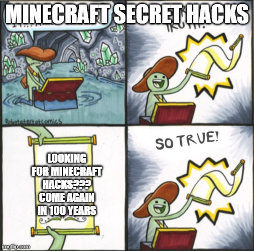 minecraft hacks | MINECRAFT SECRET HACKS; LOOKING FOR MINECRAFT HACKS??? COME AGAIN IN 100 YEARS | image tagged in the real scroll of truth | made w/ Imgflip meme maker