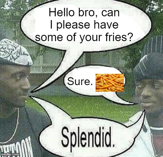 aight goodnight chat | Hello bro, can I please have some of your fries? Sure. | image tagged in memes,french fries,fast food,food memes,sharing is caring,why are you reading the tags | made w/ Imgflip meme maker
