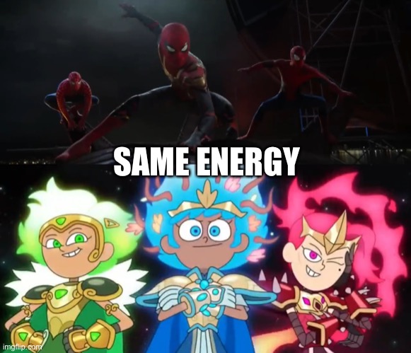 A Spider-Man and Amphibia meme |  SAME ENERGY | image tagged in amphibia,spider-man,tobey maguire,andrew garfield,tom holland,spiderman | made w/ Imgflip meme maker
