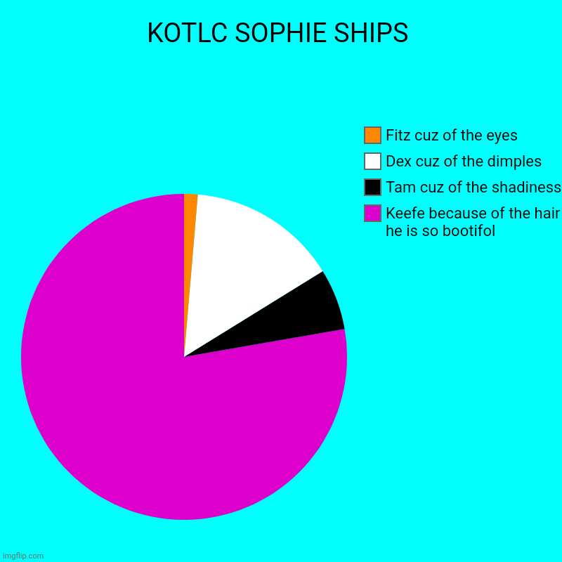 KOTLC SOPHIE SHIPS | Keefe because of the hair he is so bootifol, Tam cuz of the shadiness, Dex cuz of the dimples, Fitz cuz of the eyes | image tagged in charts,pie charts | made w/ Imgflip chart maker