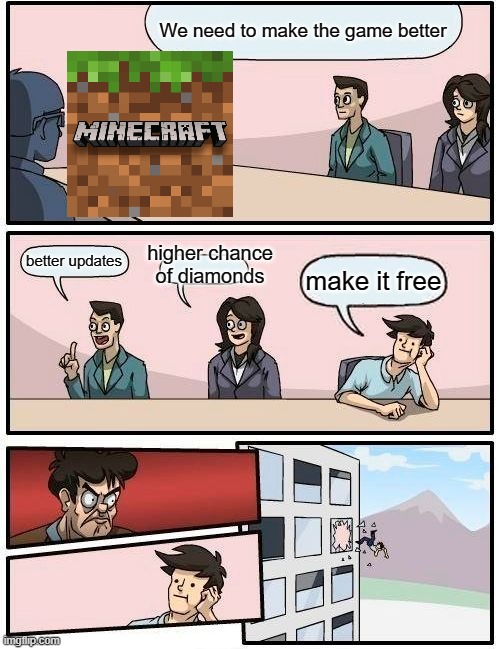 Mincrafts meeting | We need to make the game better; higher chance of diamonds; better updates; make it free | image tagged in memes,boardroom meeting suggestion | made w/ Imgflip meme maker