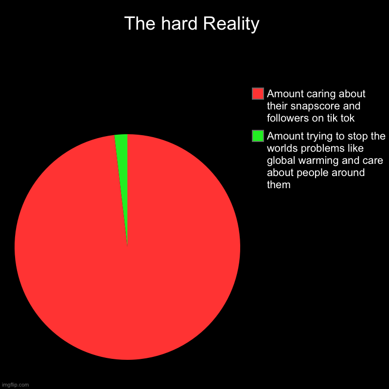The hard Reality | Amount trying to stop the worlds problems like global warming and care about people around them, Amount caring about thei | image tagged in charts,pie charts | made w/ Imgflip chart maker